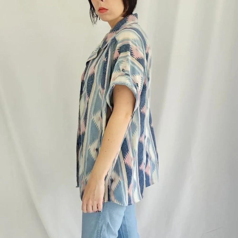 80s Blue and Pink Southwest Inspired‎ Shirt - Picture 2 of 4